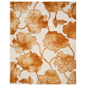 Elegant Handmade Floral Watercolor Wool Area Rug, Premium Quality, Ivory/Orange