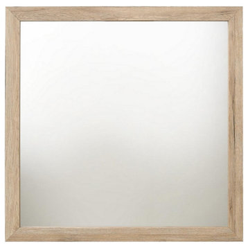 Benzara BM230135 Square Shaped Wooden Mirror With Rough Hewn Texture, Brown