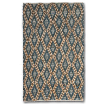 Hand Woven Ivory & Brown High/Low Diamond Geometric Jute Rug by Tufty Home, Natural/Blue, 9x12