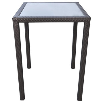 Outdoor Bar Table, Wicker Aluminum Frame With Straight Legs & Black Glass Top