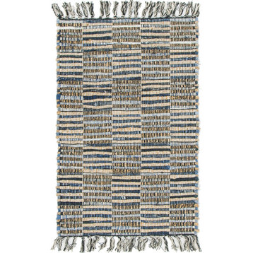 Unique Loom Blue Checkered Chindi Jute 2' 0 x 3' 0 Area Rug
