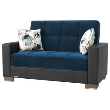 Unique Tufted Seat Sleeper Loveseat, Comfortable and Stylish, Turquoise Microfiber/Black Leatherette