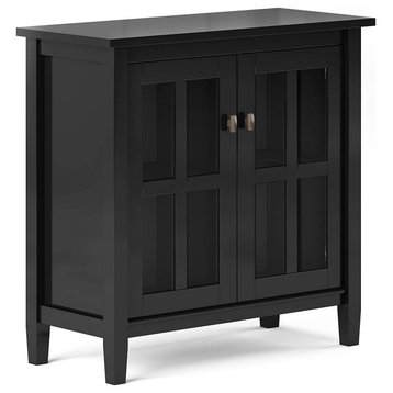 Rustic Storage Cabinet, Pine Wood Construction & Glass Doors, Black