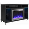 Modern TV Stand, Deluxe Design With Fireplace and Glass Shelves, Black Oak