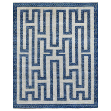 Blue Shiny Wool Maze Design With Berber Influence Hand Knotted Rug, 7'10" x 9'9"