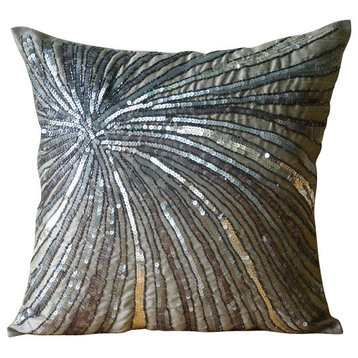 Gray Metallic Sequins And Beaded Pinwheel 12"x12" Silk Pillowcase, Silver Bloom