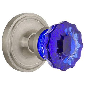 Classic Rosette Privacy Crystal Cobalt Glass Knob, Satin Nickel
