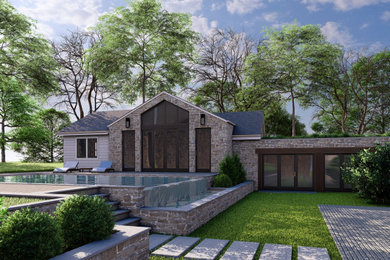 Large elegant backyard rectangular infinity pool photo in Nashville with decking