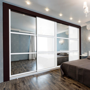 4-Leaf Modern Bypass Sliding Doors With Glass Painted & Mirror , 106"x80"
