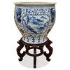 Blue and White Porcelain Fishbowl Planter, Chinese Scenery, With Wooden Stand