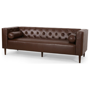 Elegant Classic Sofa, Diamond Button Tufted Back & Square Arms, Dark Brown