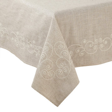 Embroidered Swirl  Natural Linen Blend Tablecloth, 67"x140"