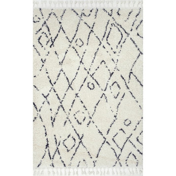 Modern Off-White Area Rug with Moroccan Diamond Pattern, Polypropylene, 7'10" Square