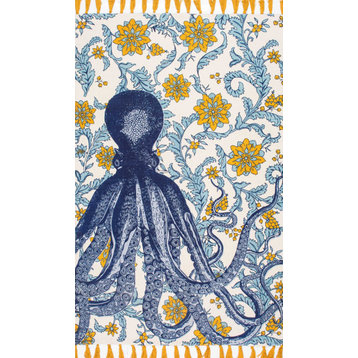 Nuloom Flatweave Cotton Giant Octopus Area Rug, Blue Multicolor 3'x5'
