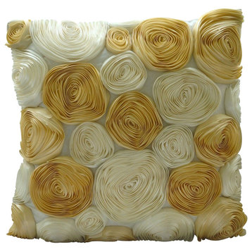 Gold N Ivory Blooms, Ivory 12"x12" Silk Throw Pillows Cover