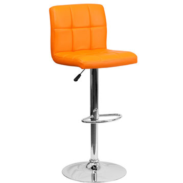 Quilted Vinyl Adjustable Height Barstool With Chrome Base, Orange