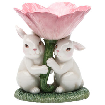 Bunnies Holding Up A Pink Flower Candy Dish.