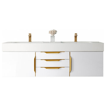 59 Inch Glossy White Floating Bathroom Vanity, Double, No Top, No Sink, Outlets
