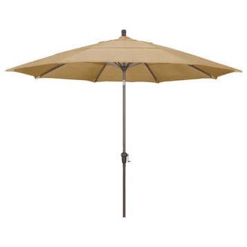 11' Champagne Auto-Tilt Crank Lift Aluminum Umbrella, Sunbrella, Linen Sesame