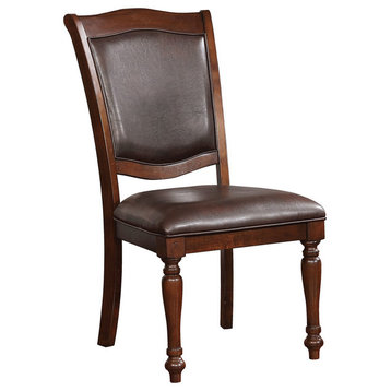 Wooden Side Chair With Leatherette Cushioned Seating, Brown, Set Of 2