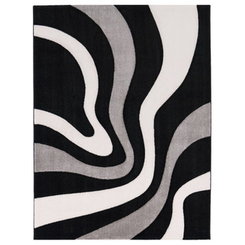 Modern Area Rug With Wave Pattern, Black White, 6'7"x9'6"