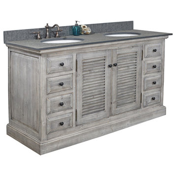Double Fir Sinks Vanity Driftwood With Polished Surface Granite Top, 60", Gray