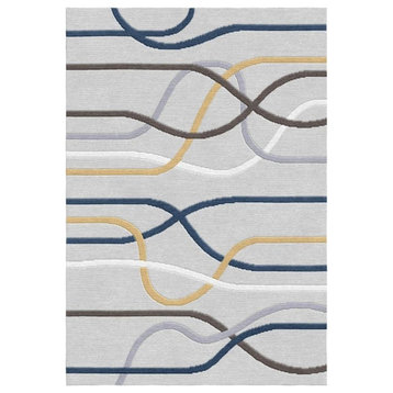 Grey/Blue/White Modern Hand-Knotted Indian Square Area Rug, Grey, 6'6"x8'2"