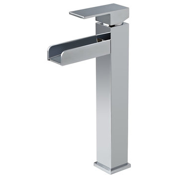 Contemporary Single Handle Waterfall Spout Bathroom Vessel Sink Faucet, Chrome