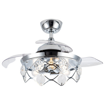 36 in Chrome Crystal Shade Ceiling Fan with Remote, Three Retractable Blades