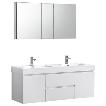 Valencia Wall Hung Double Sink Vanity, Medicine Cabinet, Glossy White 60"