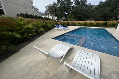 Large minimalist backyard concrete paver and rectangular natural pool landscaping photo in Tampa
