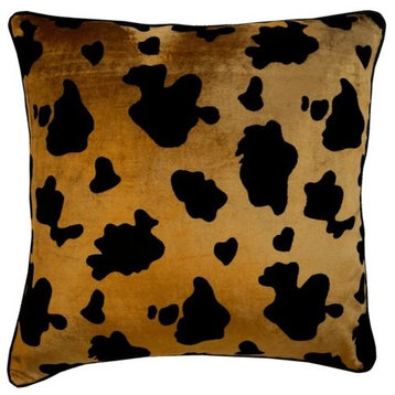 Gold Decorative Pillow Cover, Animal Printed Velvet 26"x26" Velvet, Hello Cow