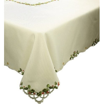 Winter Berry Embroidered Cutwork Collection Christmas Tablecloth, 65''x118''