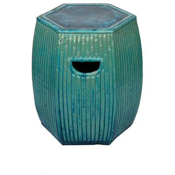 Hexagon Bamboo Theme Turquoise Green Ceramic Clay Garden Stool Hws3557