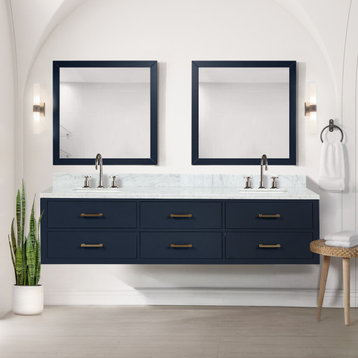 Lexora Castor Bath Vanity, Blue, 80" Double Sink, Carrara Marble Top, Vanity Complete Set