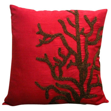 Beaded Corals 22"x22" Art Silk Red Throw Pillows Cover, Coral Rhapsody