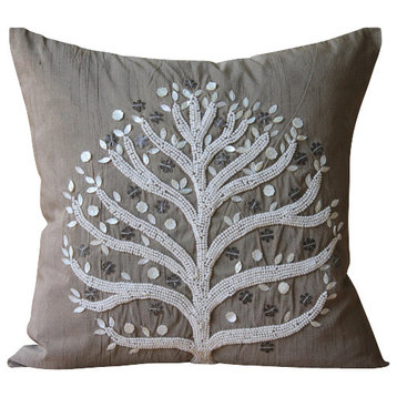 Pearls Tree Brown Pillow Covers, Art Silk 14"x14" Cushion Covers, Fortune Tree