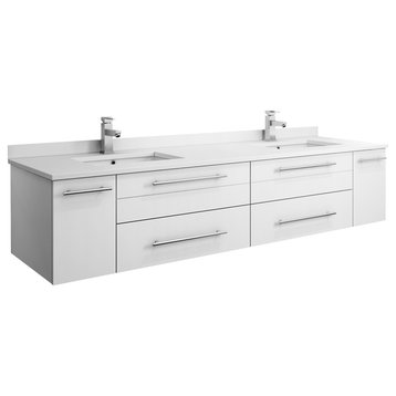 Lucera Wall Hung Cabinet With Top & Double Undermount Sinks, White, 72"