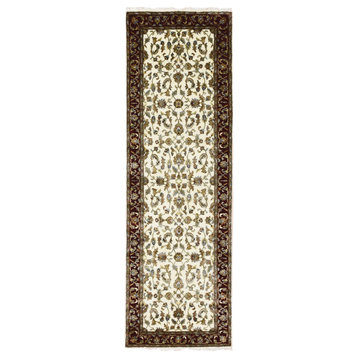 Ivory, Rajasthan Design, Wool and Silk Hand Knotted Runner Rug, 2'7"x8'