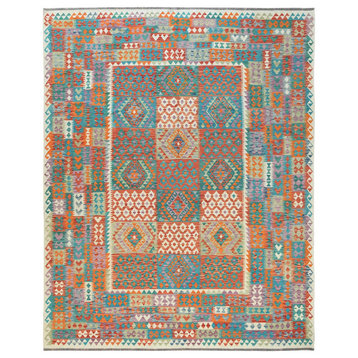 Colorful, Veggie Dyes Organic Wool Hand Woven, Afghan Kilim Rug, 10'1"x13'0"