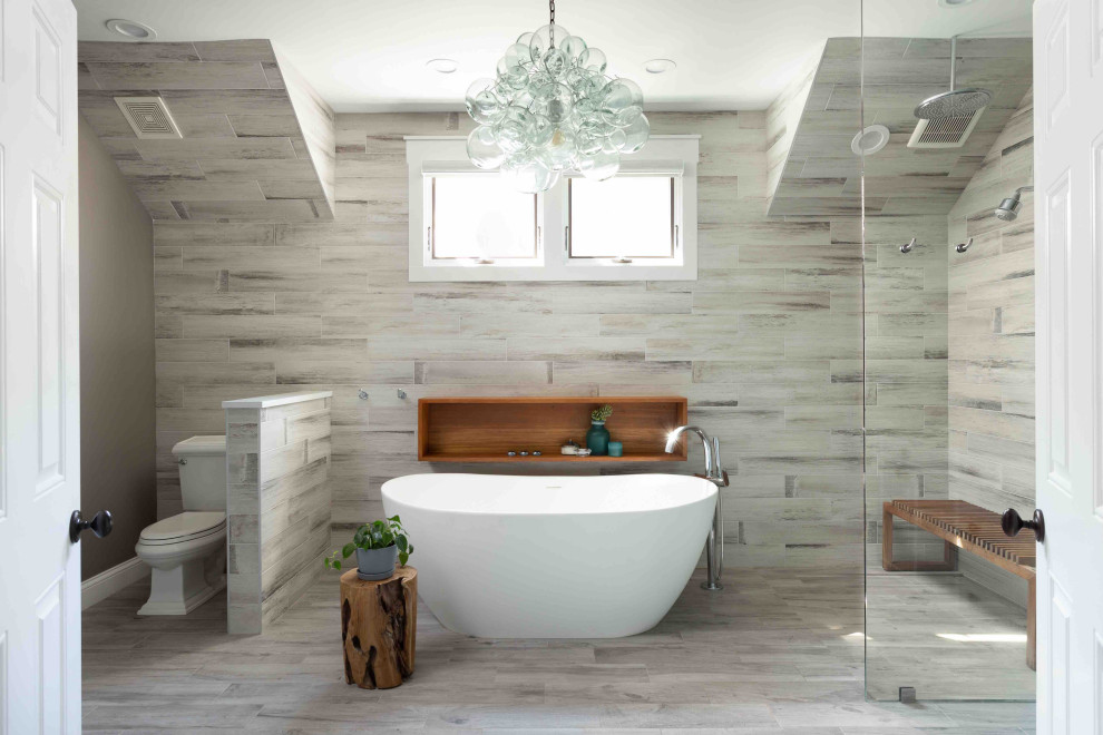 Mid-sized trendy master multicolored tile and porcelain tile porcelain tile, beige floor and double-sink bathroom photo in Chicago with gray cabinets, a two-piece toilet, beige walls, a drop-in sink, quartz countertops and beige countertops