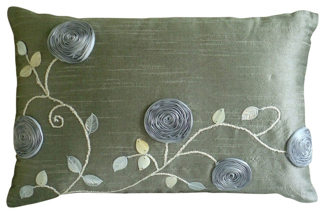 Ribbon Rose Silver Art Silk 12"x18" Lumbar Pillow Cover, Silver Rose Garden