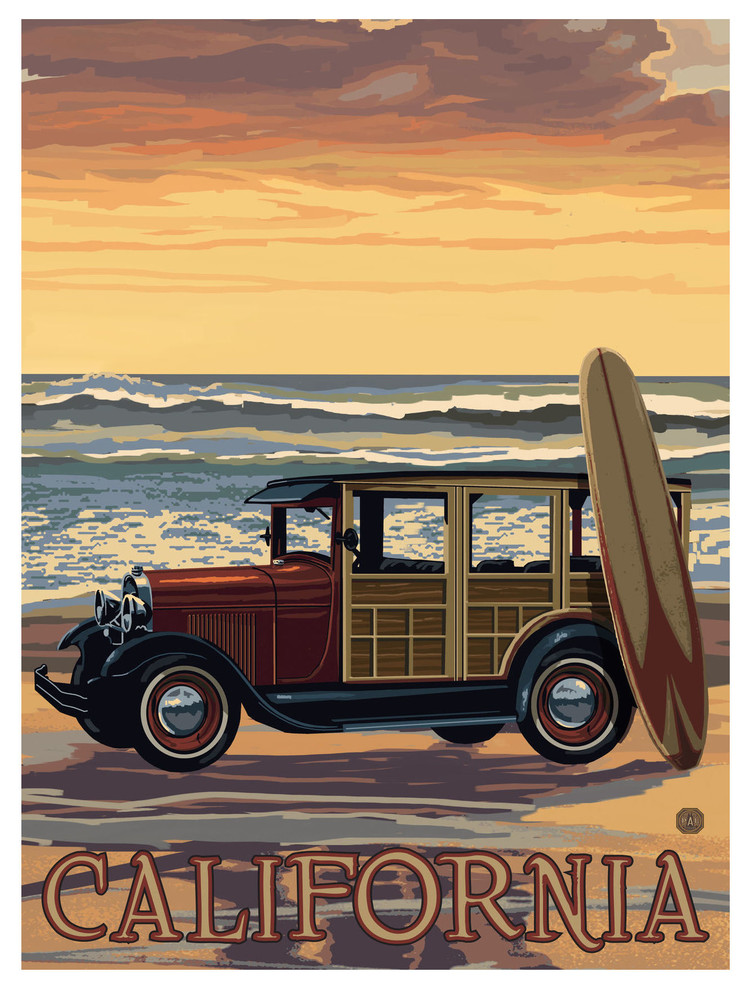 Paul A. Lanquist California Car Woodie Surfboard Art Print, 9"x12"