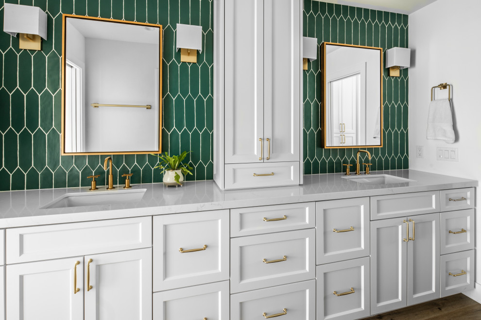 Example of a large farmhouse green tile and marble tile ceramic tile, beige floor and double-sink bathroom design in San Diego with shaker cabinets, green cabinets, a one-piece toilet, white walls, an undermount sink, quartzite countertops, white countertops, a niche and a built-in vanity