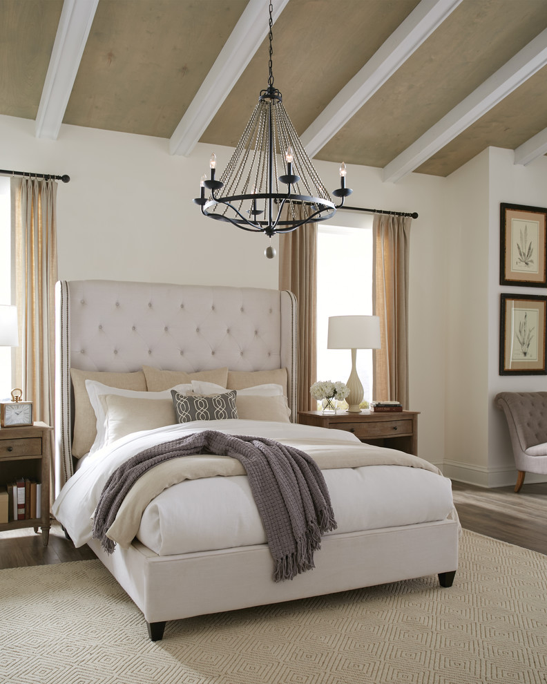 Design ideas for a classic bedroom in Phoenix with white walls, medium hardwood flooring and grey floors.