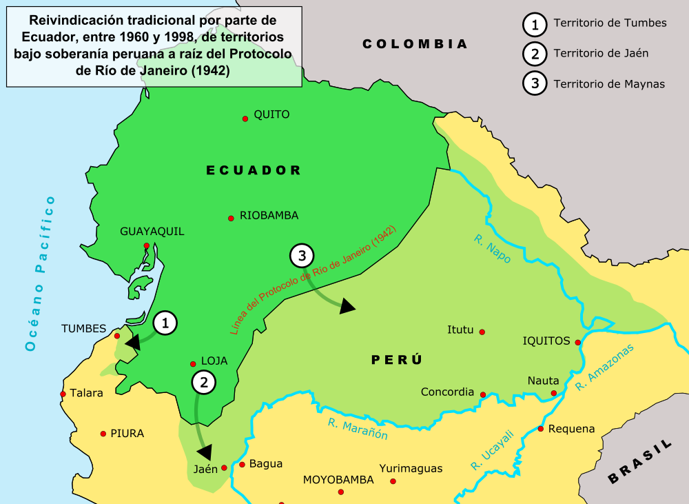 Map showing ecuadorean territorial claims on Peru