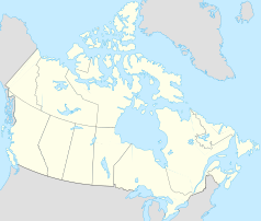 Mapa konturowa Kanady, blisko prawej krawiędzi znajduje się punkt z opisem „L’Anse aux Meadows”