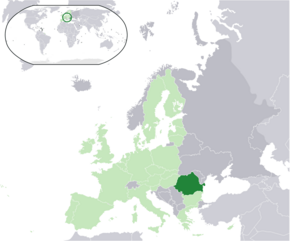 Amplasarea României (verde închis): — în cadrul Europei (verde deschis și gri închis) — în cadrul Uniunii Europene (verde deschis)