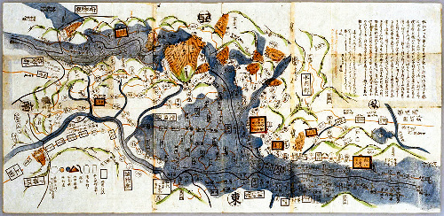 天然ダムの崩壊による洪水や、大規模な火災、斜面崩壊が描かれた絵図＝東京大大学院情報学環所蔵「信濃国大地震火災水難地方全図」