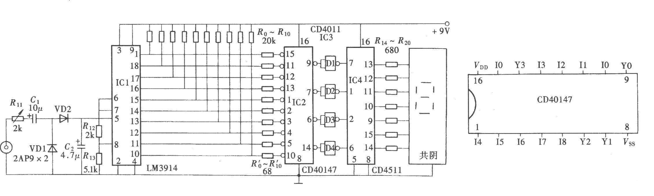 数字式电平显示器(CD40147、CD4511)